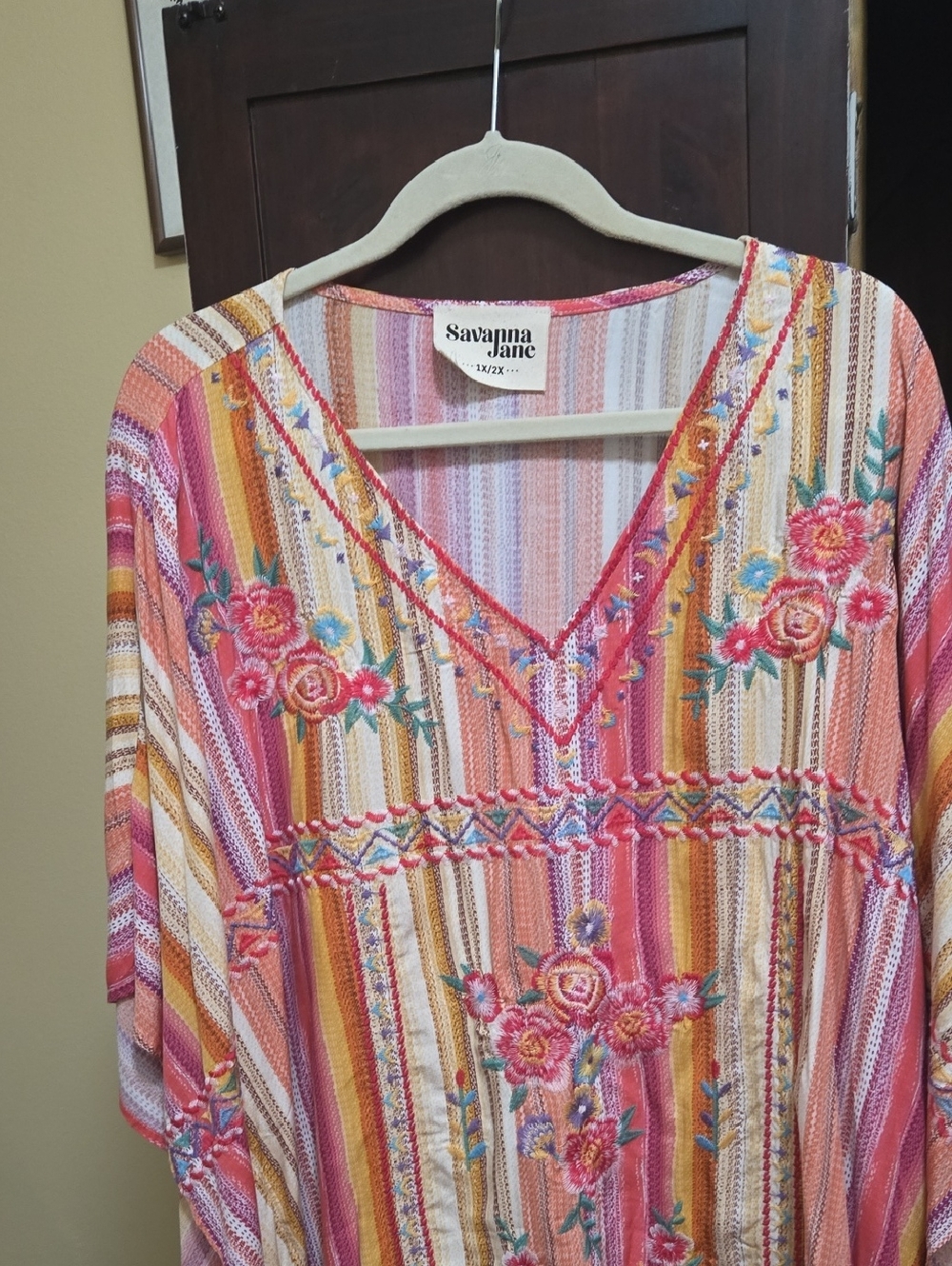 Savanna Jane Multicolor Embroidered V-Neck Striped Tunic